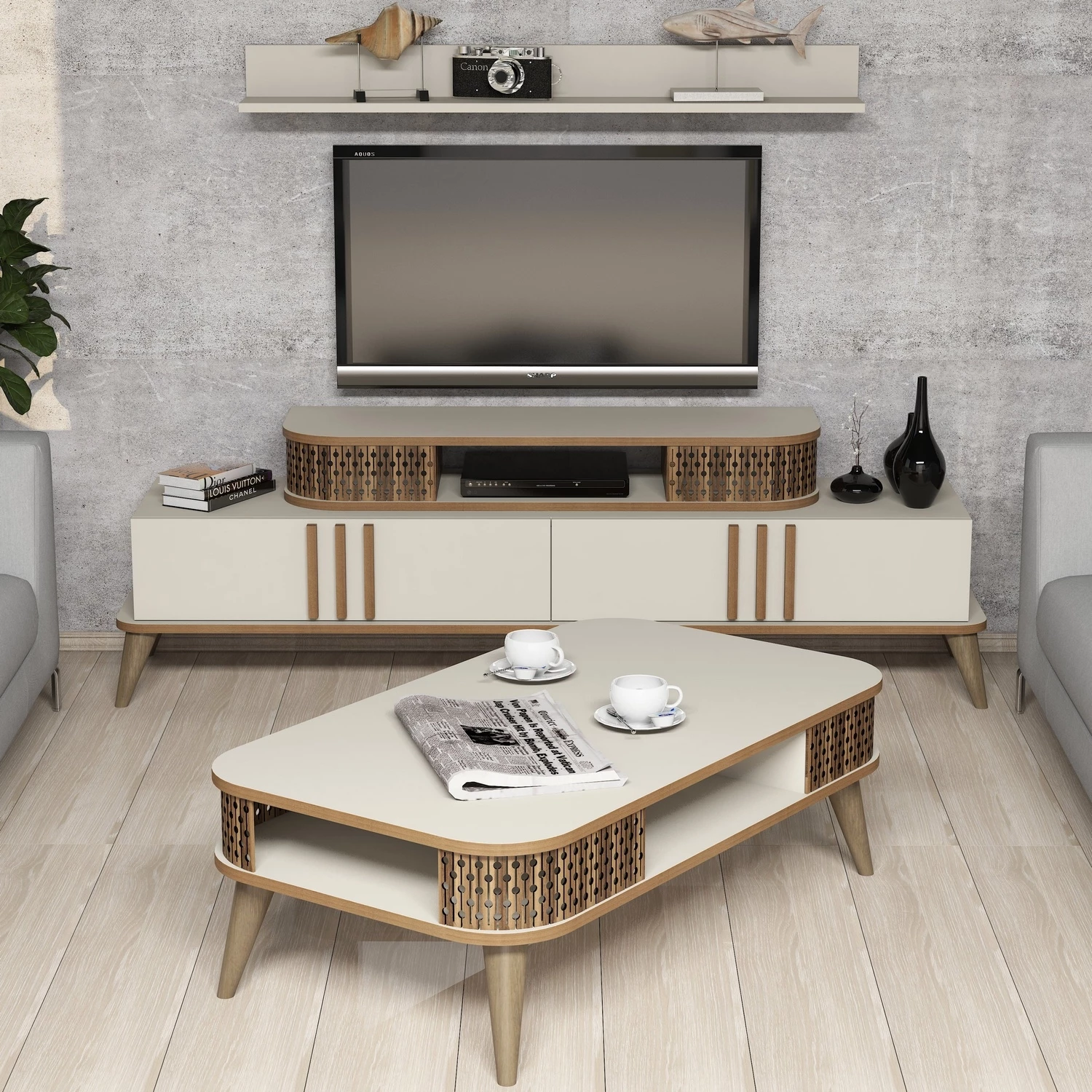 Set mobiljesh për dhomë dite Hanah Home, Eylül, ngjyrë krem