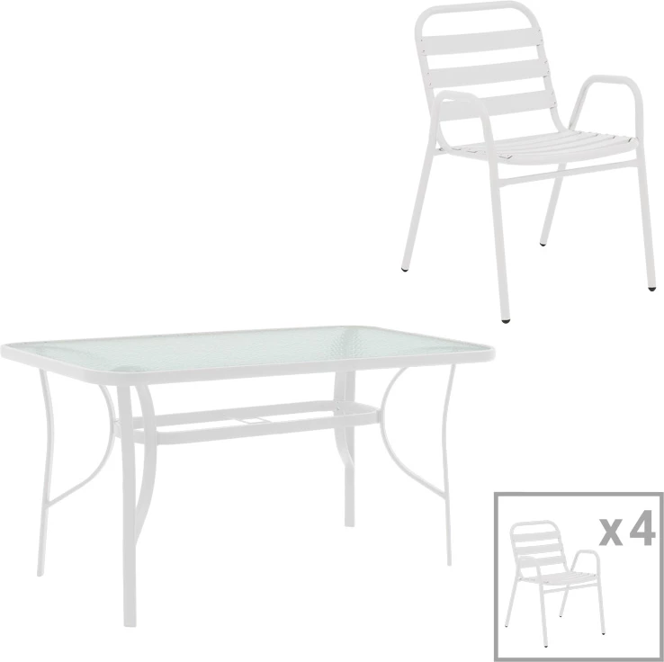 Tavolinë me karrige Sussie-Ensure, 5 copë, metal-xham, ngjyrë e bardhë, 120x70x70cm