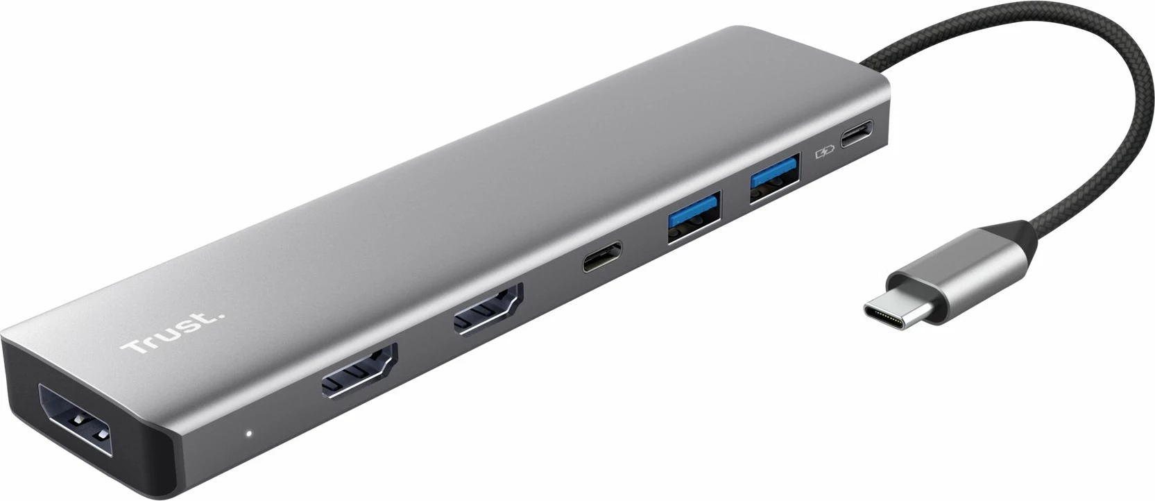 Adapter multiport USB-C Trust Dalyx 25661 7-në-1 4K@60Hz PD 100W 2xHDMI 1xDisplayPort 2xUSB-A 2xUSB-C, argjendtë