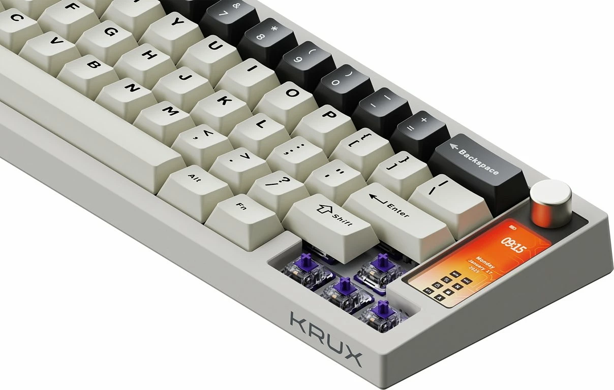 Tastierë mekanike gaming Krux Drox KRXA001 65% US ANSI, ARGB, hot-swap, USB-C/Bluetooth/2.4GHz, Krux Violet (purple), me ekran 2.3", e bardhë/gri