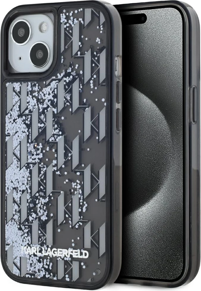 Mbështjellës Karl Lagerfeld Liquide Glitter Monogram Gradient për iPhone 15, i zi