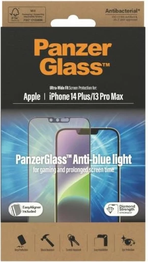 Xham mbrojtës PanzerGlass Ultra-Wide Fit me filtër dritë blu dhe aplikator EasyAligner për iPhone 14 Plus / 13 Pro Max