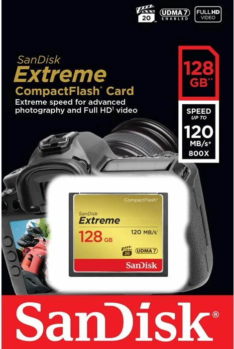 kartelë memorje CompactFlash SanDisk Extreme SDCFXSB-128G-G46 128GB UDMA 7 VPG-20 120MB/s leximi 85MB/s shkrimi, e zezë