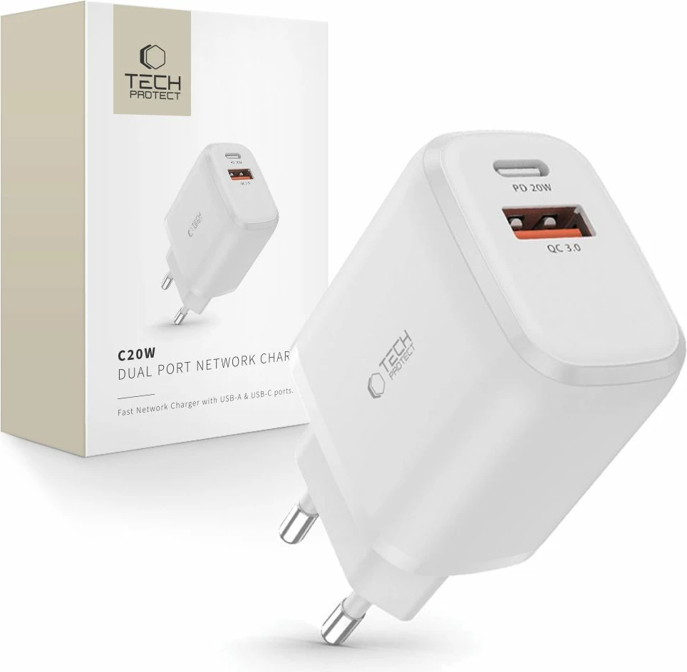 Karikues muri Tech-Protect C20W, 20W, 2 porta (USB-C PD, USB-A QC 3.0), i bardhë