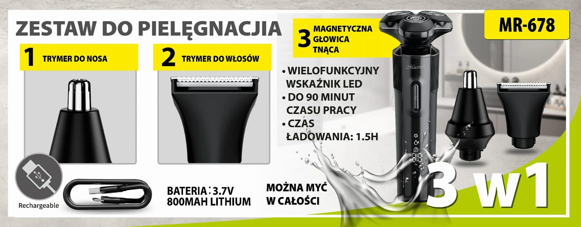 Makinë rroje Maestro MR-678 3-në-1, 800 mAh, USB Type-C, E zezë