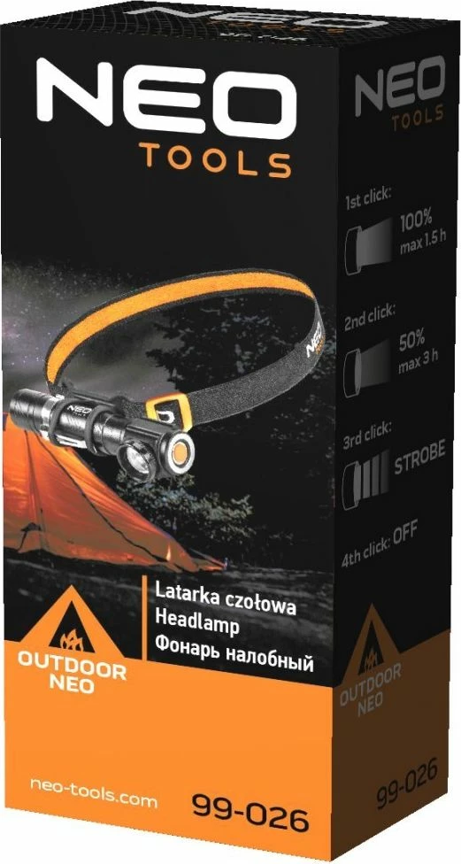 Llambë koke Neo 99-026, 800 lm, USB e rikarikueshme, bateri 1200mAh, e zezë, set me rrip koke