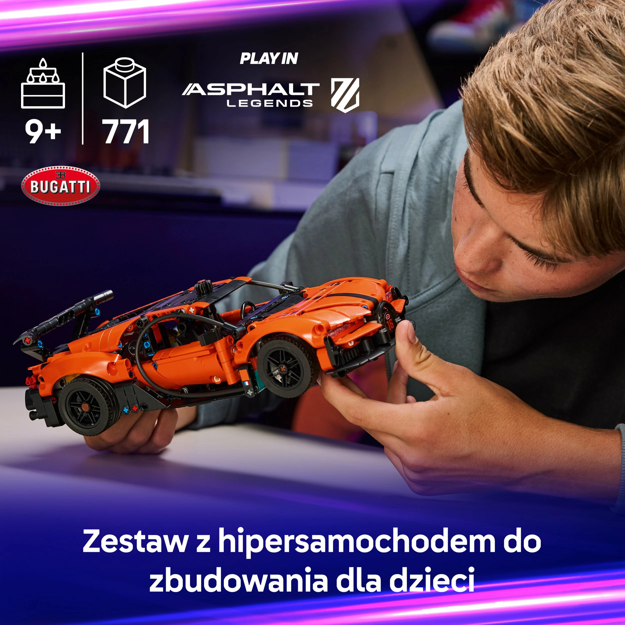 Set ndërtimi LEGO Technic Bugatti Chiron Pur Sport 42222, 771 copë, portokalli/zi