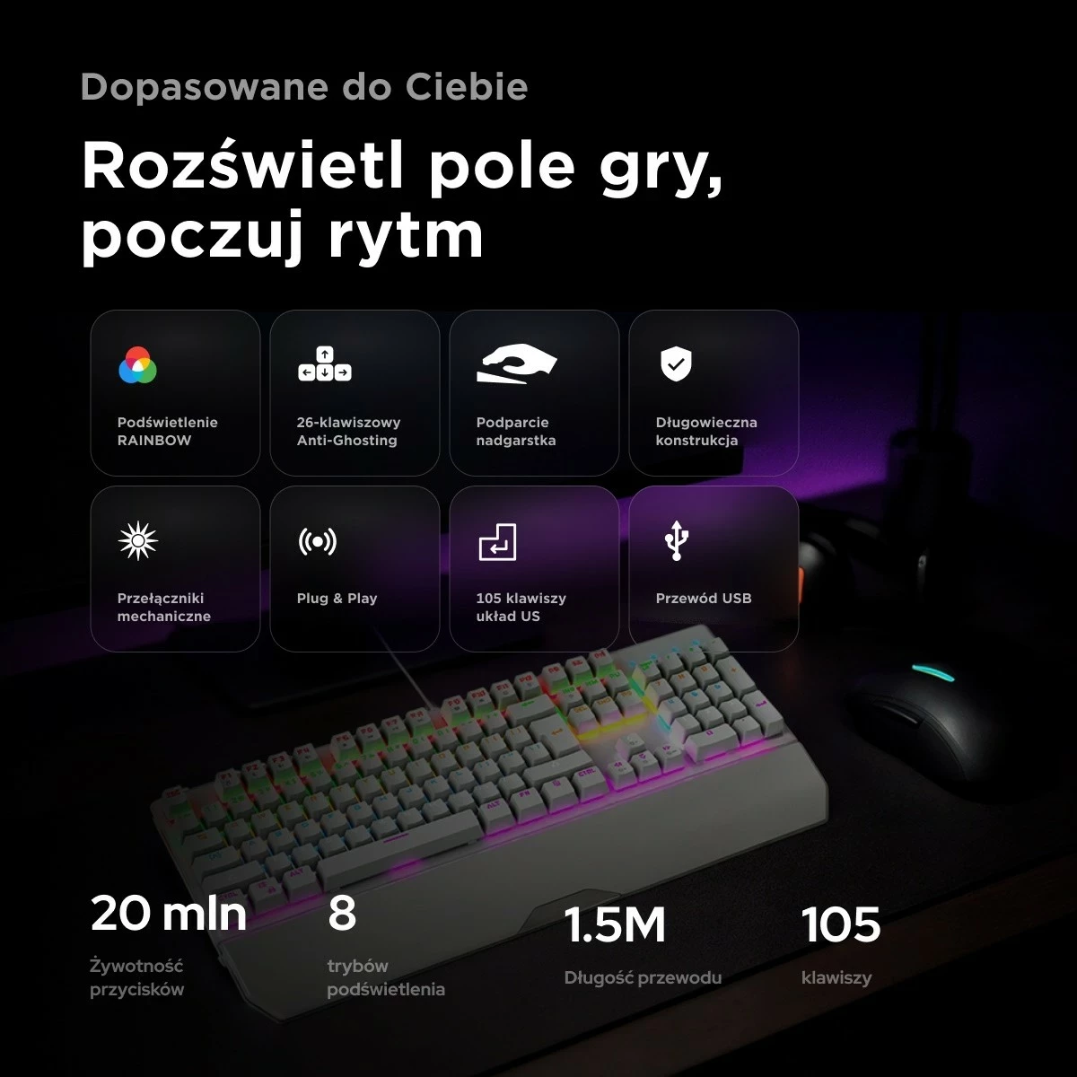 Tastierë mekanike Rampage KB-R86 UMBRA, Blue Switch, RGB, e bardhë