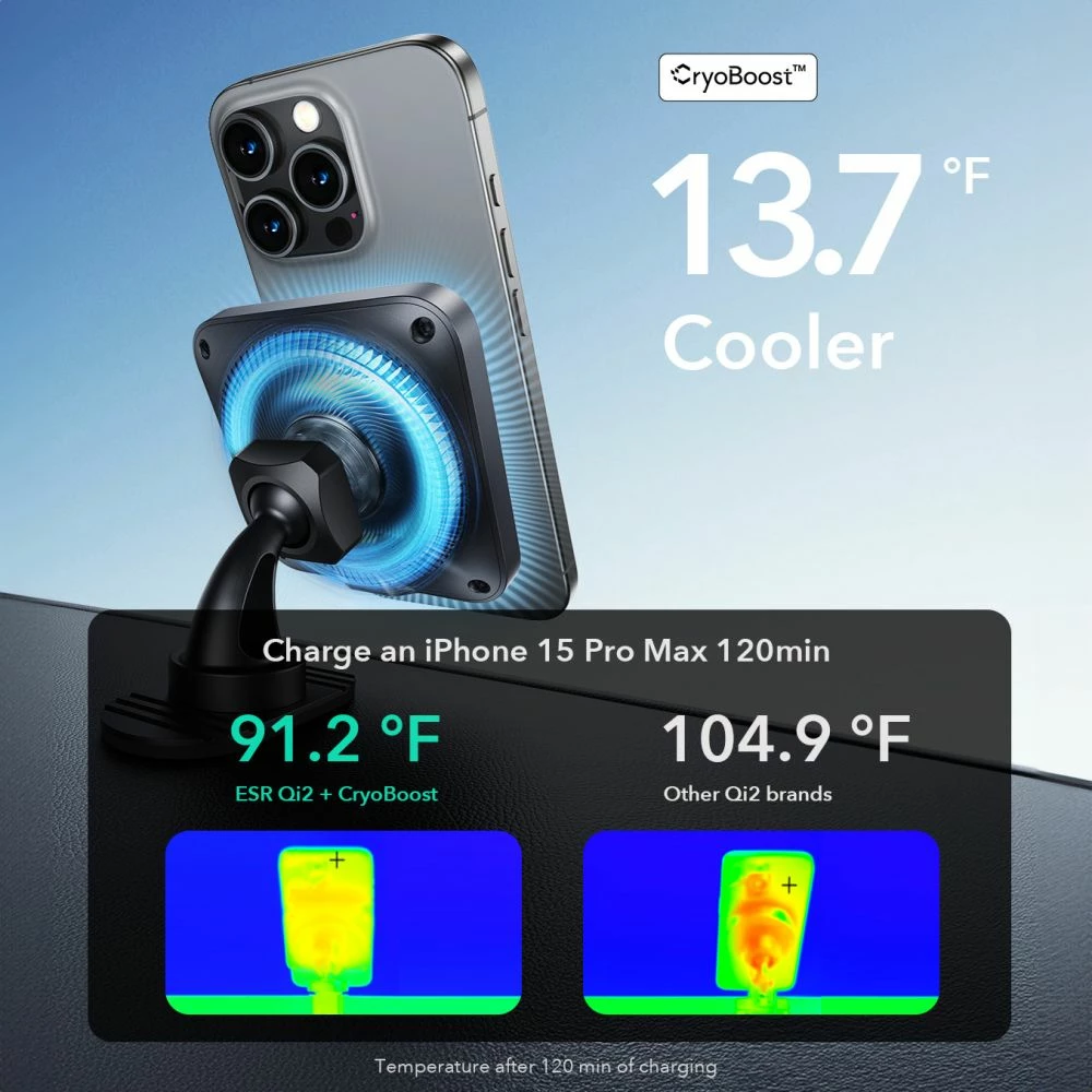 Mbajtës dhe karikues wireless ESR HaloLock CryoBoost MagSafe për veturë, Qi2 15W, i zi
