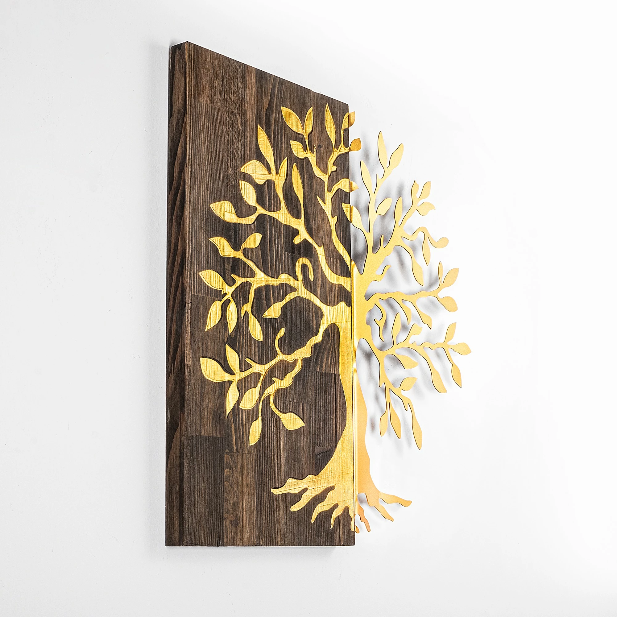 Dekor druri për mur, motiv peme, ngjyrë arre dhe ari, Wallity, 58x58cm