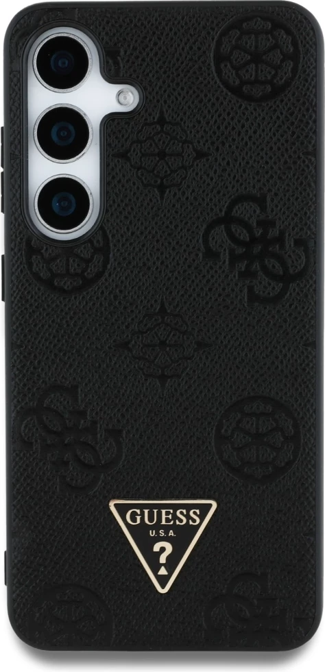 Mbështjellës Guess Grained Hot Stamp Peony Pattern Triangle Logo MagSafe për Samsung Galaxy S25, i zi