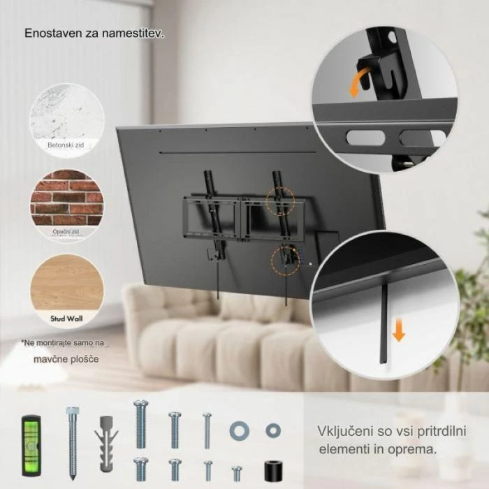 Mbajtëse muri për TV VonHaus 3000487.1 37-82\", e pjerrët 0-10°, deri 75 kg, VESA 600x400, e zezë, set montimi