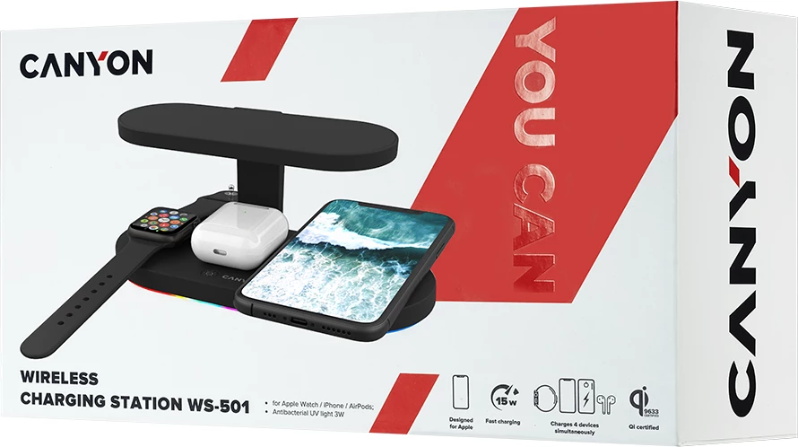 Karikues wireless CANYON WS-501 15W 5-në-1 me UV, i zi