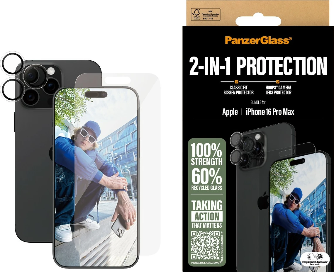 Mbrojtës ekrani PanzerGlass për iPhone 16 Pro Max, set 2-në-1, transparent
