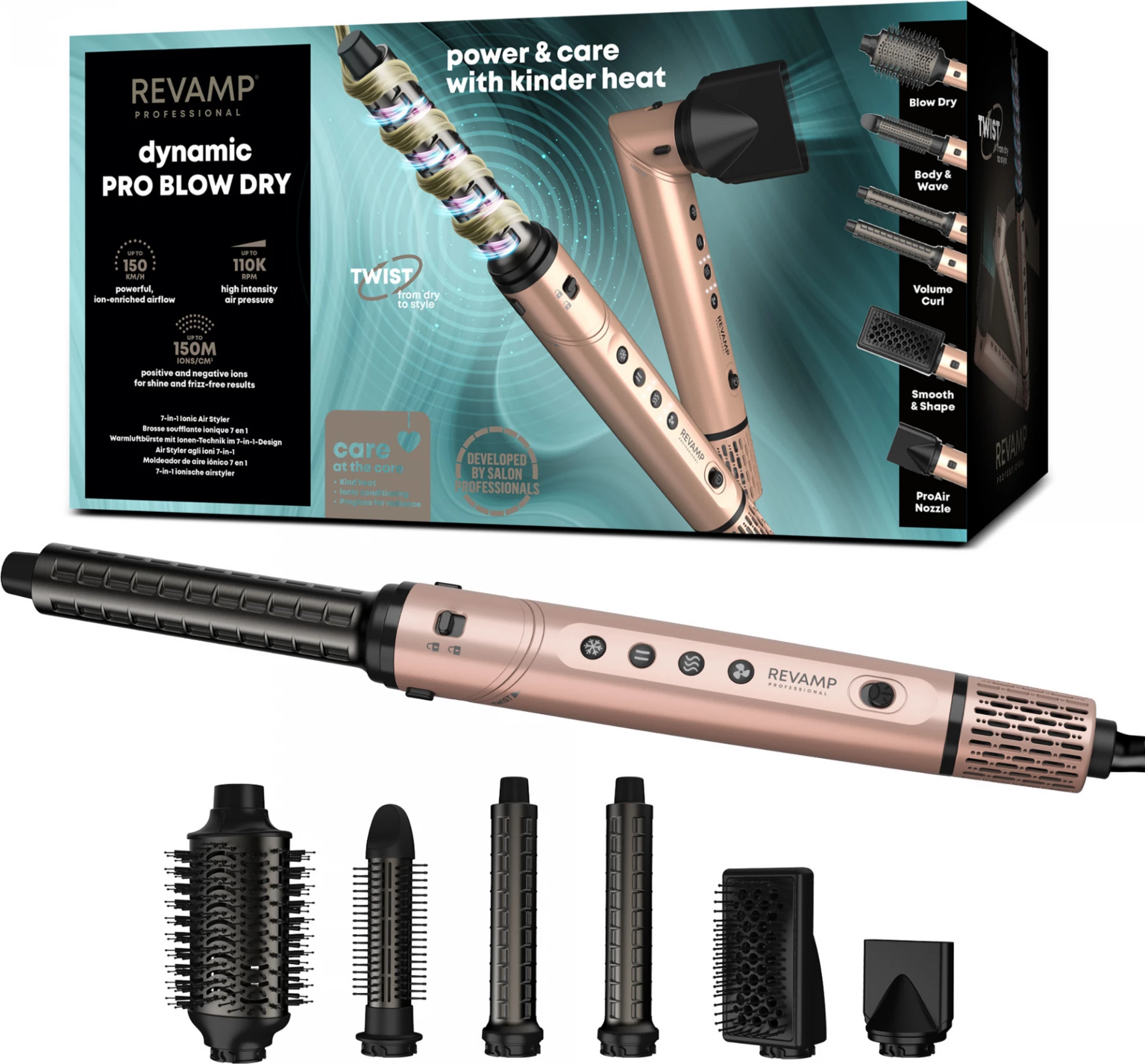 Tharëse flokësh me stilues Revamp Dynamic Radiance Pro DR-2850GD, 6 aksesorë, jonike, 110000 RPM, rozë e artë, set