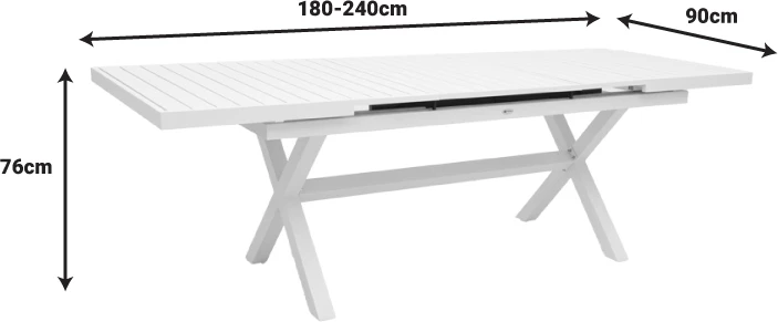 Tavolinë zgjeruese Dagyn, alumin e bardhë, 180-240x90x76cm