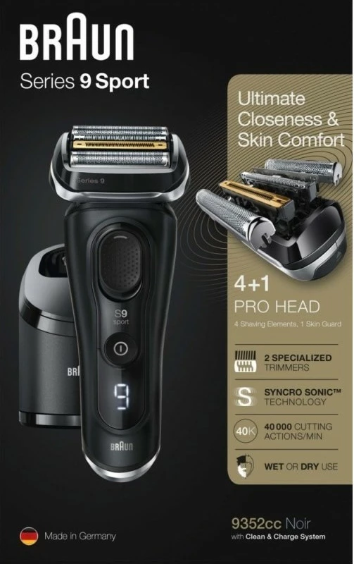 Makinë rroje Braun Series 9 9352cc Sport, 4 koka, Li-Ion, e zezë/gri