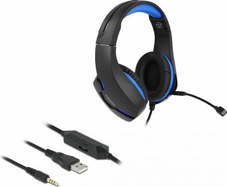 Kufje gaming DeLOCK, 3.5mm + USB, LED blu, me mikrofon, të zeza/blu