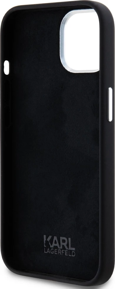 Mbështjellës Karl Lagerfeld Silicone Metal Script Logo për iPhone 15, i zi