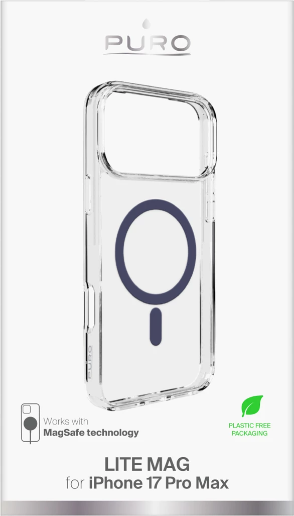 Mbështjellës Puro Lite Mag për iPhone 17 Pro Max, MagSafe, Transparent me unazë blu