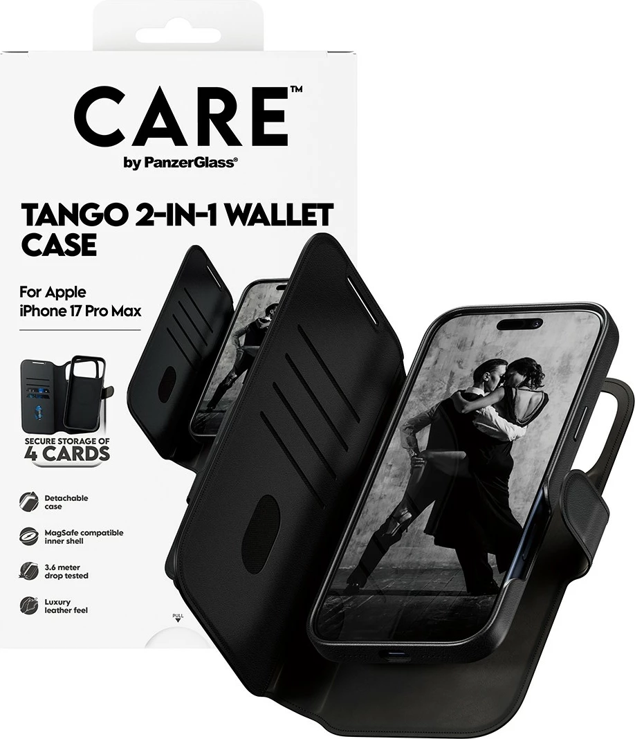 Mbështjellës PanzerGlass CARE Feature Case Tango 2in1 Wallet MagSafe për iPhone 17 Pro Max, i zi