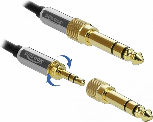 Kabllo audio stereo DeLOCK 85836, 3.5mm në 3.5mm, 1 m, e mbështjellë, me adapter 6.35mm, e zezë