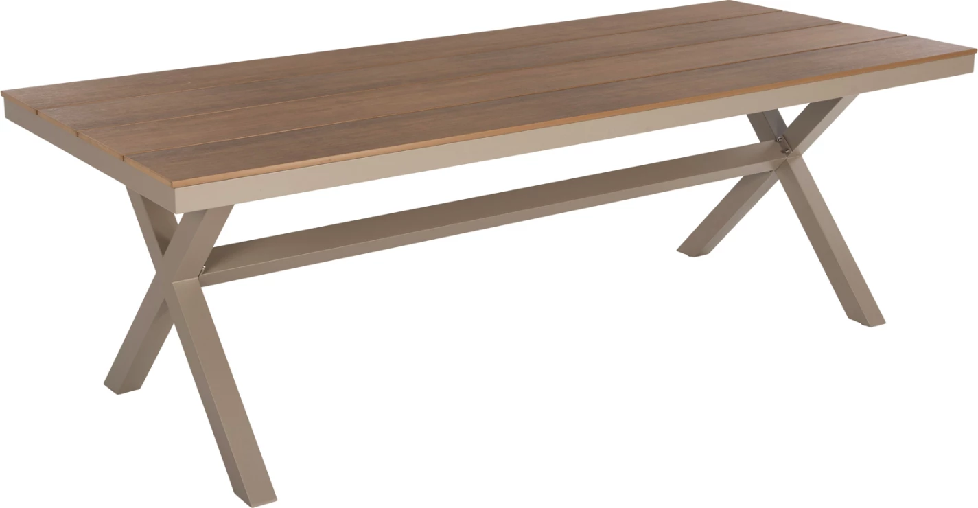 Tavolinë drejtkëndore alumini, TAWNEE, ngjyrë shampanjë, polywood ngjyrë druri natyral, 219.5x89.5x73H cm