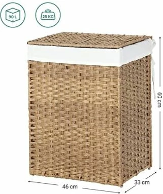 Shportë rrobash SONGMICS LCB51NL 90L me kapak, me doreza, e palosshme, me qese të brendshme pambuku, natyrale