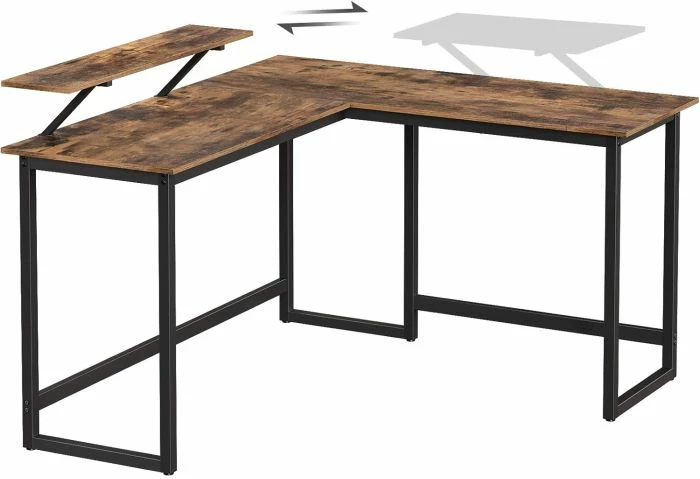 Tavolinë kompjuteri këndore L-shape VASAGLE/SONGMICS ALINRU LWD56X, 140×130 cm, me raft monitori, kafe rustike/zezë