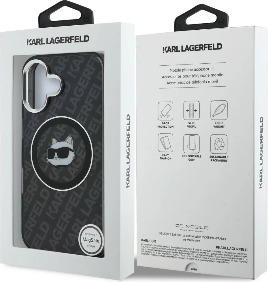 Mbështjellës Karl Lagerfeld IML Choupette Head Logo MagSafe për iPhone 16, i zi