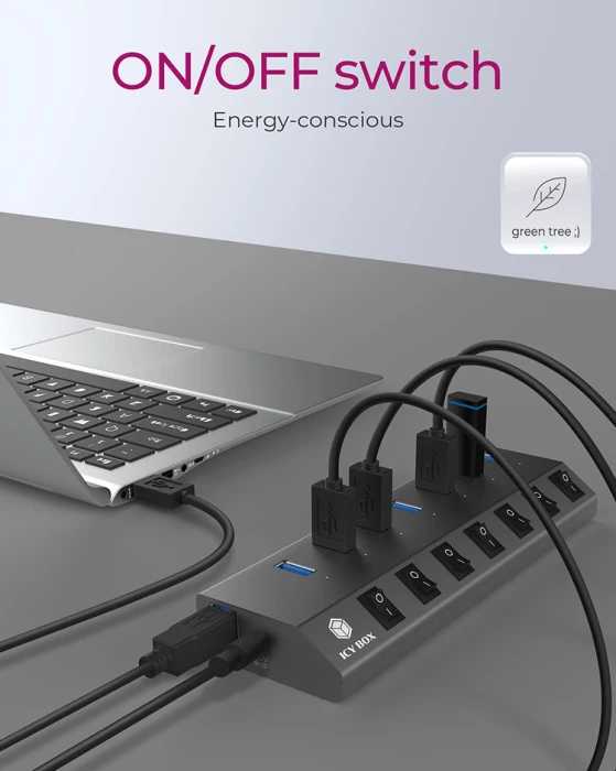 USB hub ICYBOX IB-HUB1701-C3 7-port USB-A me USB-C/USB-A, switch per port, BC 1.2, 65 W, antracit