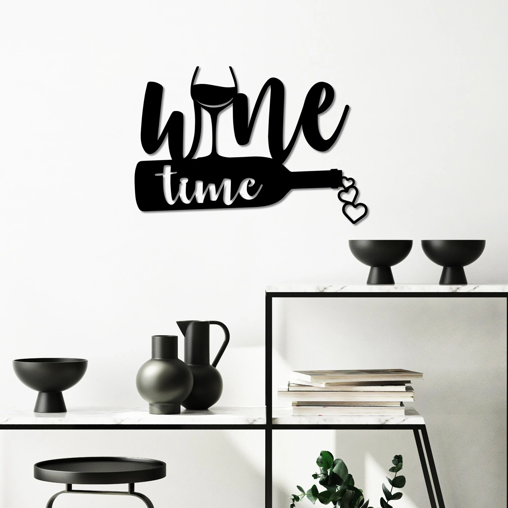 Aksesor dekorativ metalik për mur, Wine Time, ngjyrë e zezë, 54x37cm