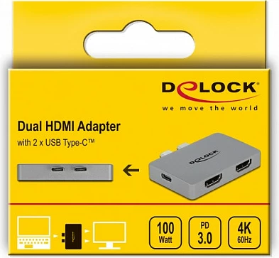 Adapter DeLOCK Dual HDMI, USB-C/Thunderbolt 3, 4K 60Hz, PD 100W, gri