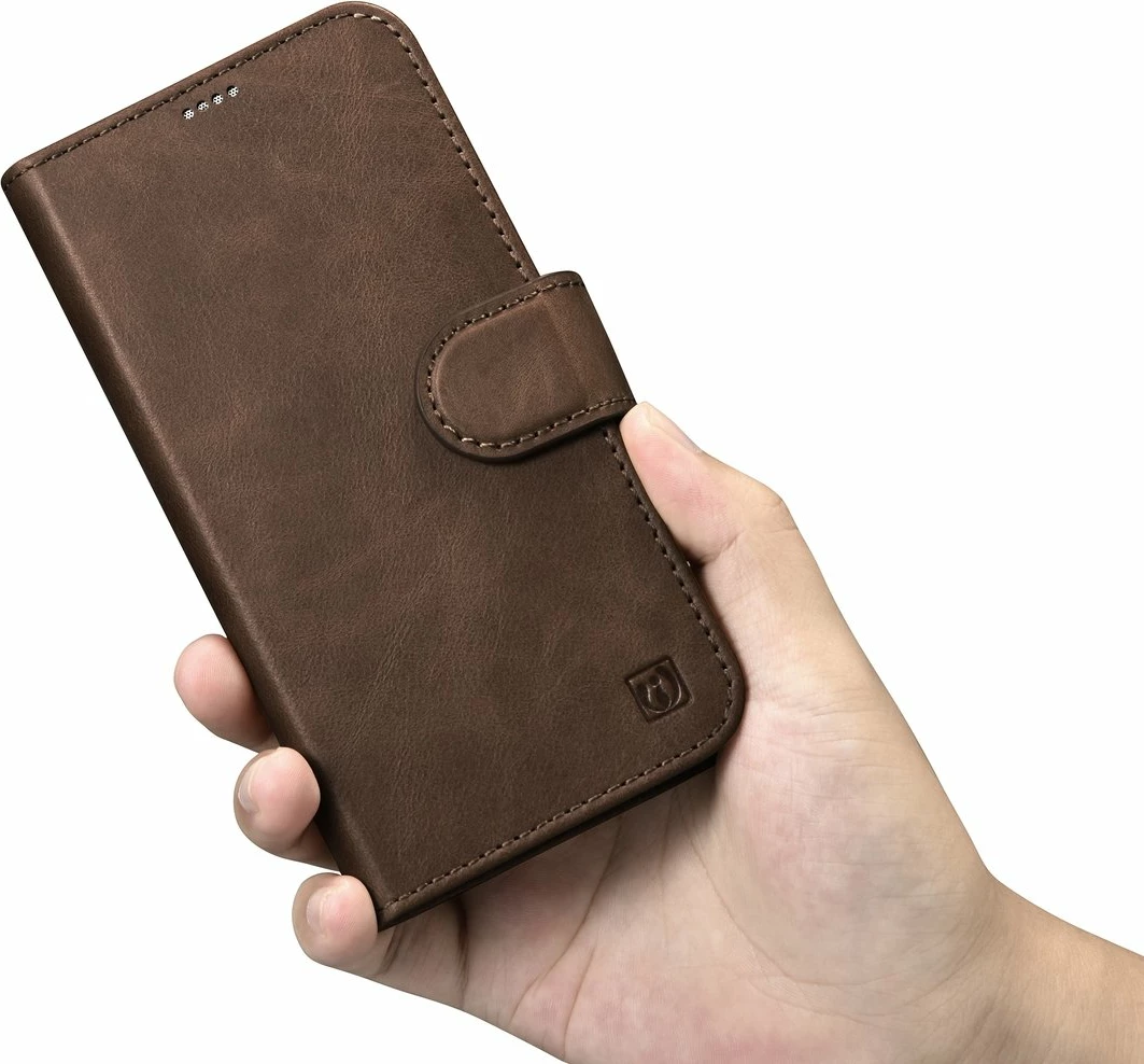 Mbështjellës iCarer Oil Wax Wallet 2in1 për iPhone 14 Plus, lëkurë natyrale, Anti-RFID, Kafe