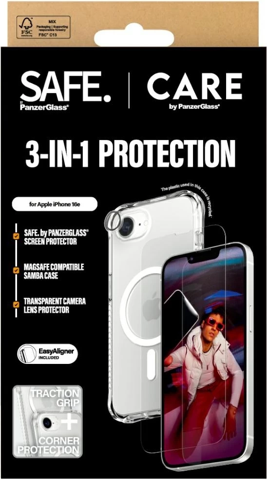 Set mbrojtës 3-në-1 për celular PanzerGlass CARE Fashion, për iPhone 16e, transparent
