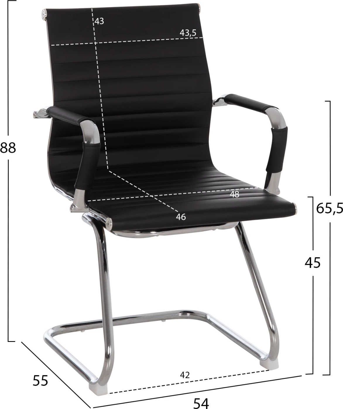 Karrige për konferencë BOSS FH1023.31 me krahë, ngjyrë e zezë PU, këmbë metalike kromi, 54x56x87H cm, set prej 2 copë