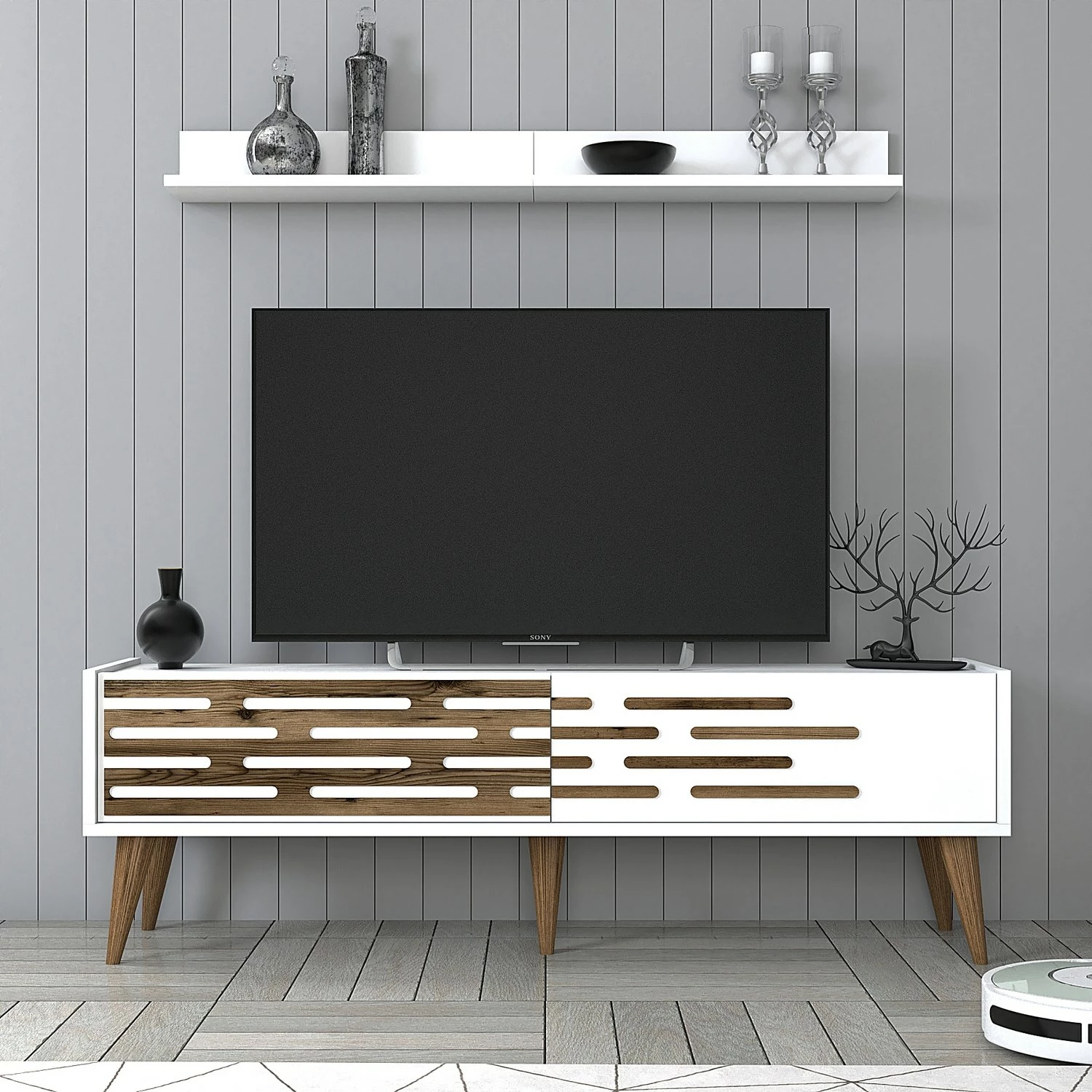 Komodë TV me rafte, ngjyrë e bardhë, Valensiya 140, Skye Decor