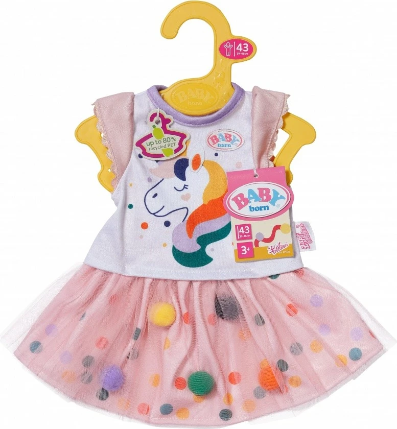 Rroba kukulle fustan tutu, Baby Born 871720-116725, për kukull deri 43 cm, motiv njëbrirësh, shumëngjyrëshe