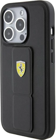 Mbështjellës Ferrari Grip Stand Metal Logo për iPhone 15 Pro, i zi