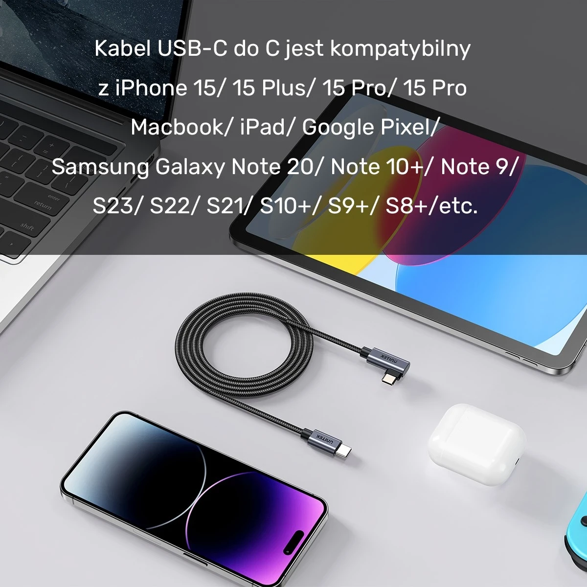Kabëll USB-C Unitek, 90° PD100W, 1m, zi-gri
