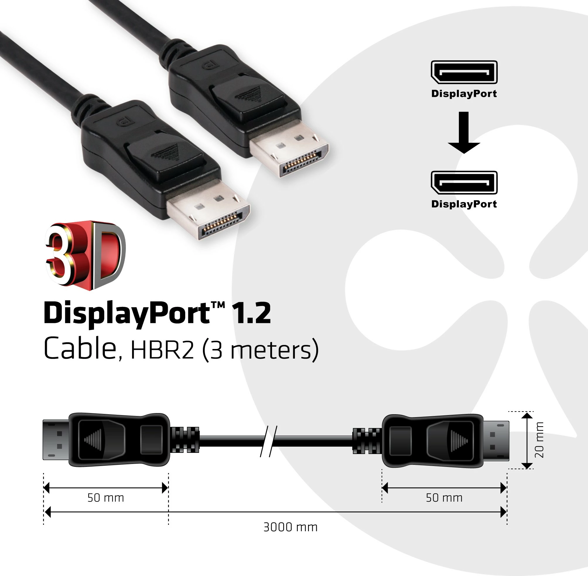 Kabllo DisplayPort Club3D 1.2, 3m, 21.6Gb/s, e zezë