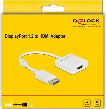 Adapter DisplayPort 1.2 në HDMI DeLOCK, 4K 30Hz, aktiv, 0.2 m, i bardhë