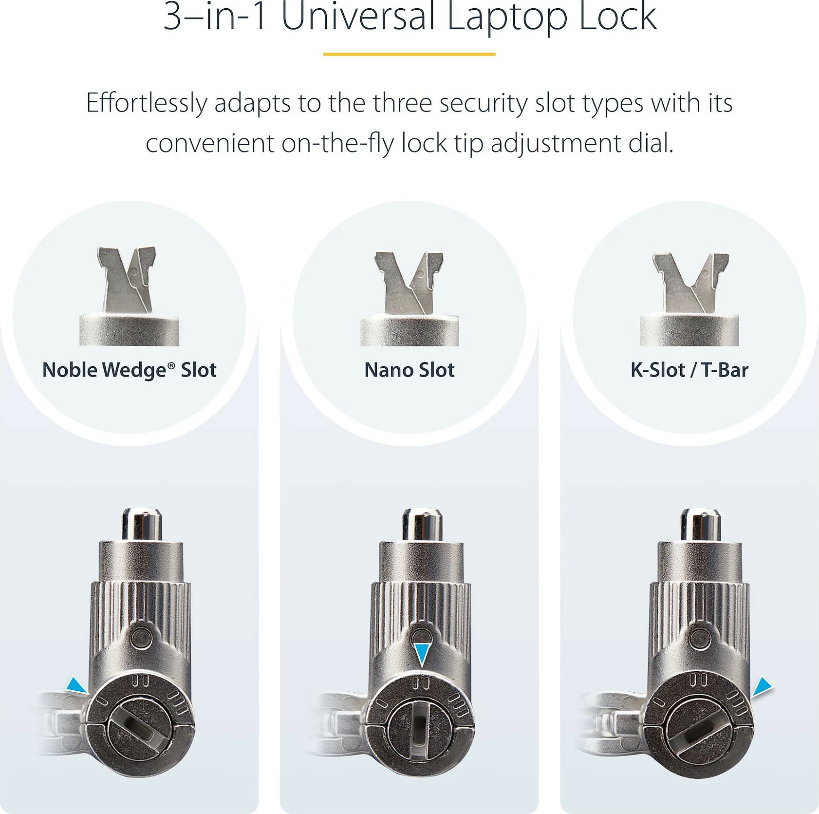 Kyç sigurie me kabllo për laptop StarTech 3-në-1 Universal, 2m, Kensington/Nano/Noble, i zi