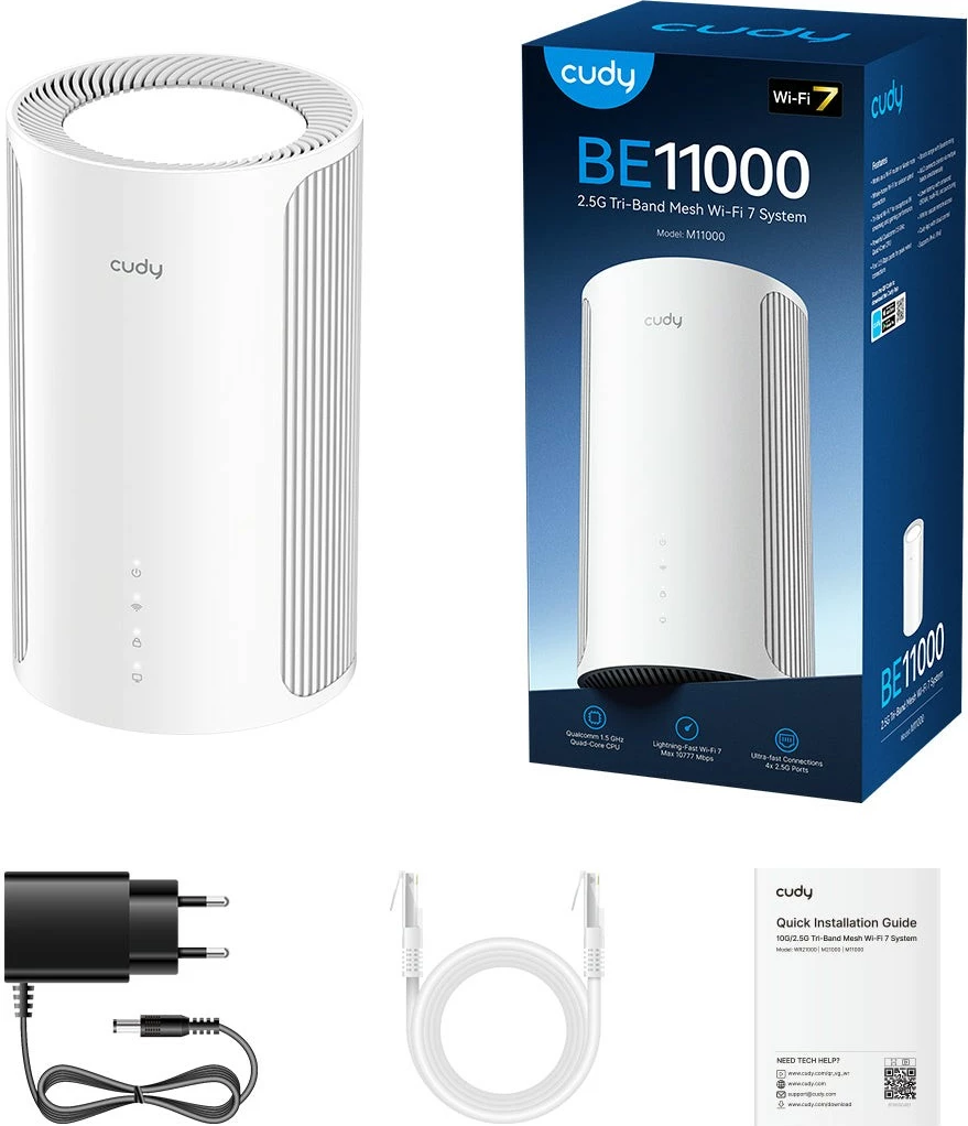Router mesh Wi‑Fi 7 tri-band, Cudy M11000, 2.5G, 4 porte 2.5G, deri 200 pajisje, i bardhë, 1-pack