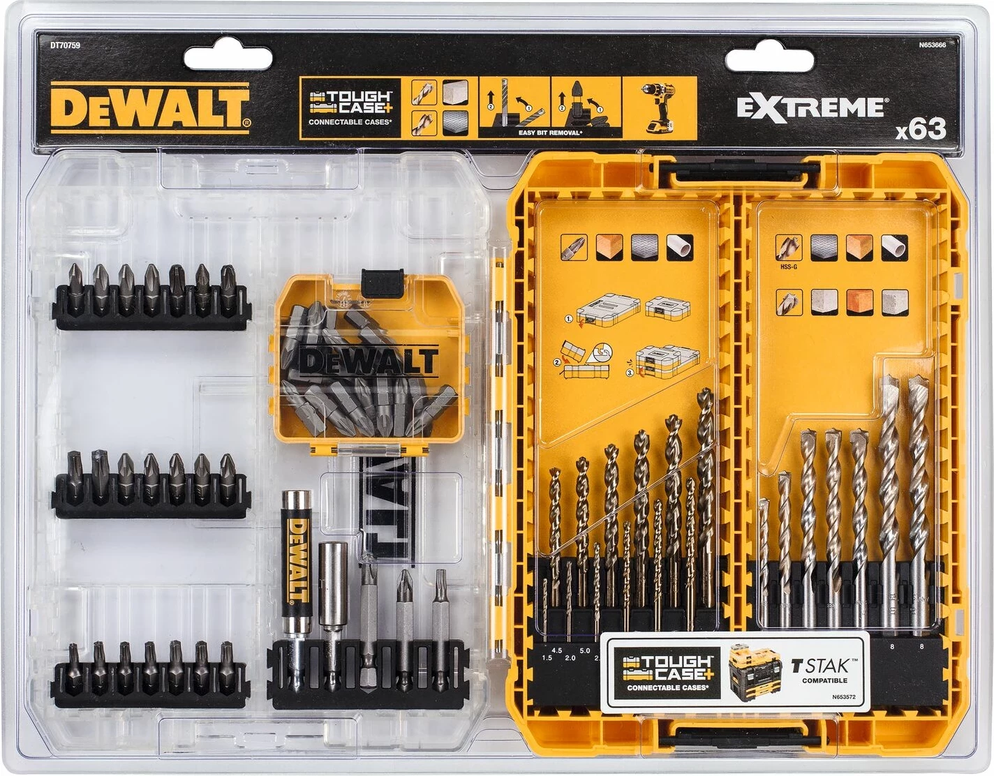 Set bitash dhe shpuesash DeWalt DT70759 63 copë me ToughCase+