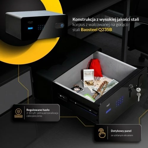 Kasafortë sirtar Adler AD 1044, 17 L, touch panel, kod + fingerprint + çelës emergjent, e zezë, set me 2 çelësa