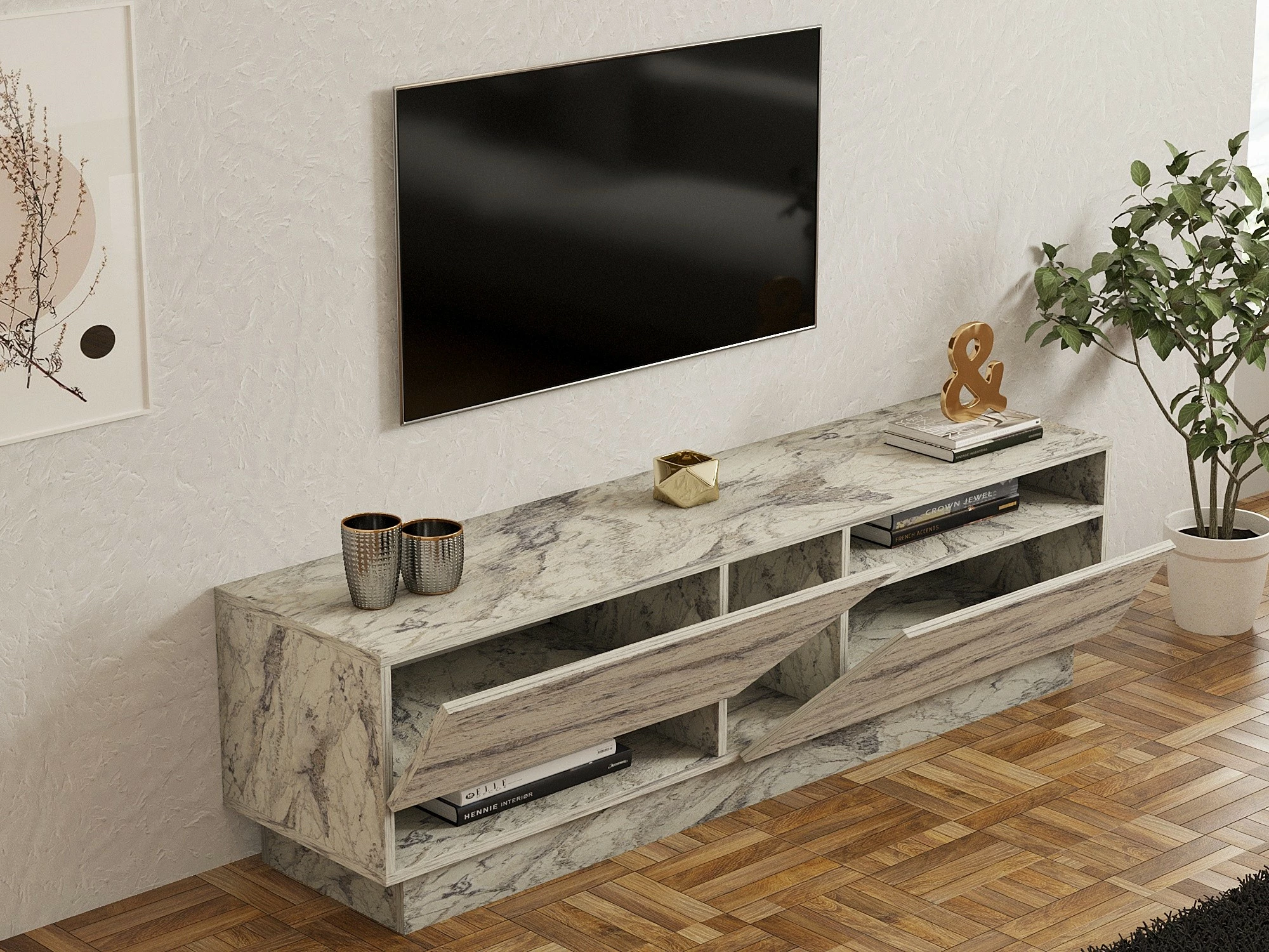 Komodë TV Skye Decor, ngjyrë Freesia Marble