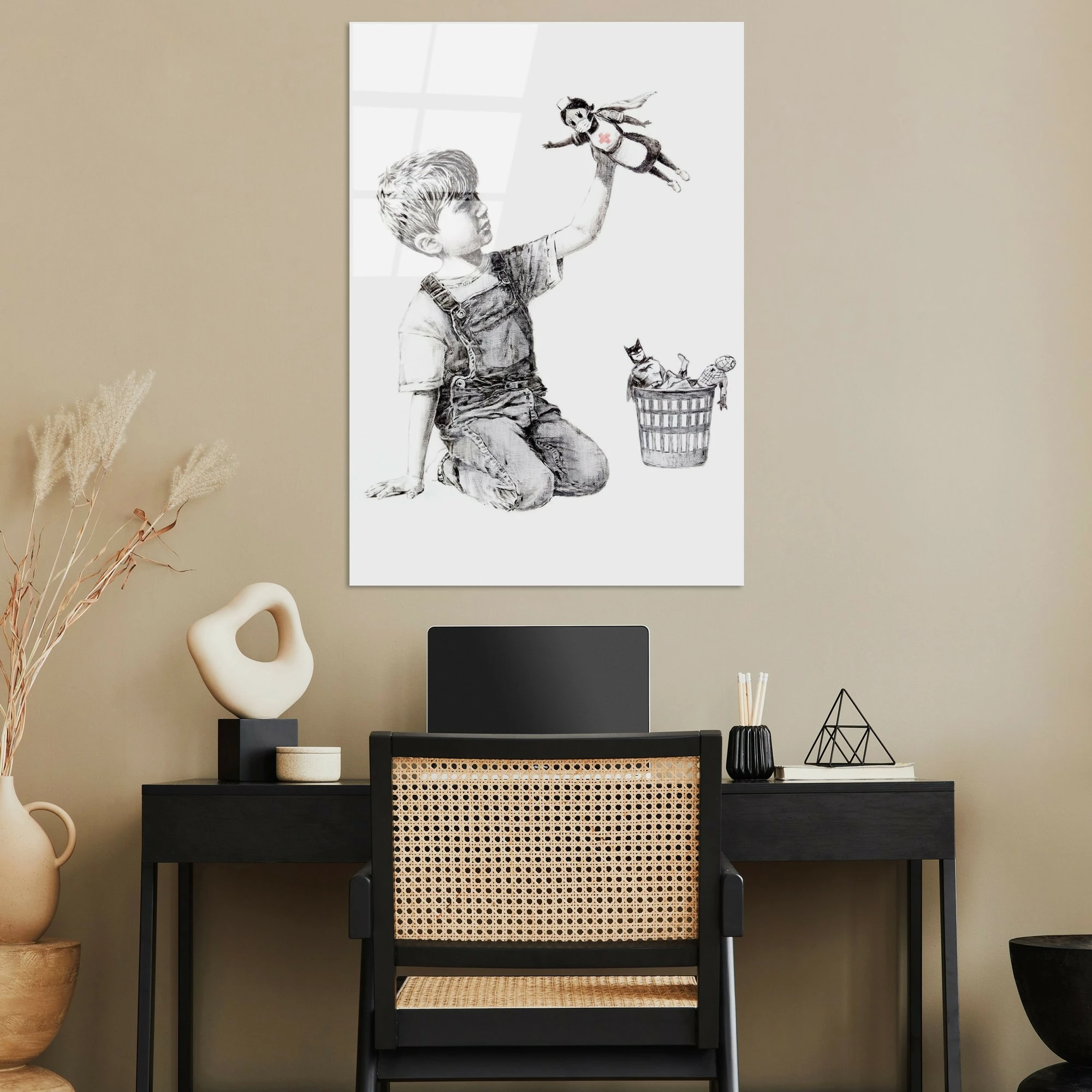 Pikturë dekorative prej xhami të temperuar, Banksy, shumëngjyrëshe, 45x65cm