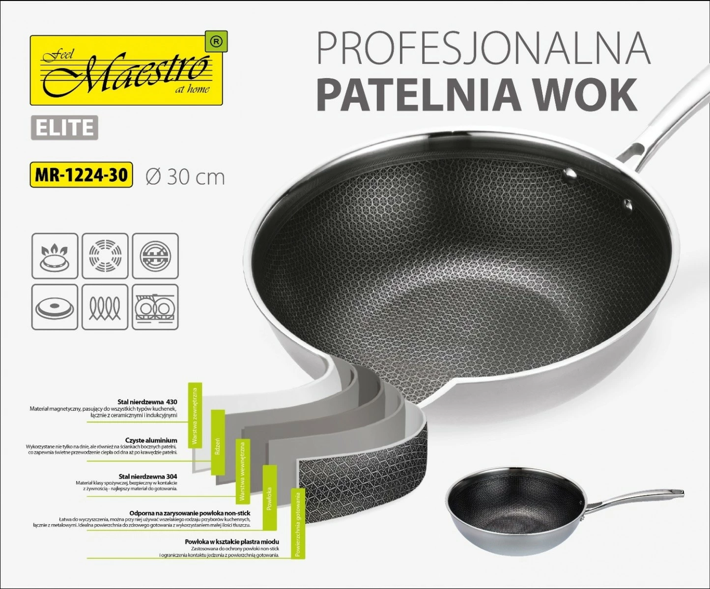 Tigan i thellë wok Feel-Maestro MR-1224-30, 30 cm, çelik inox, jo-ngjitës, argjend