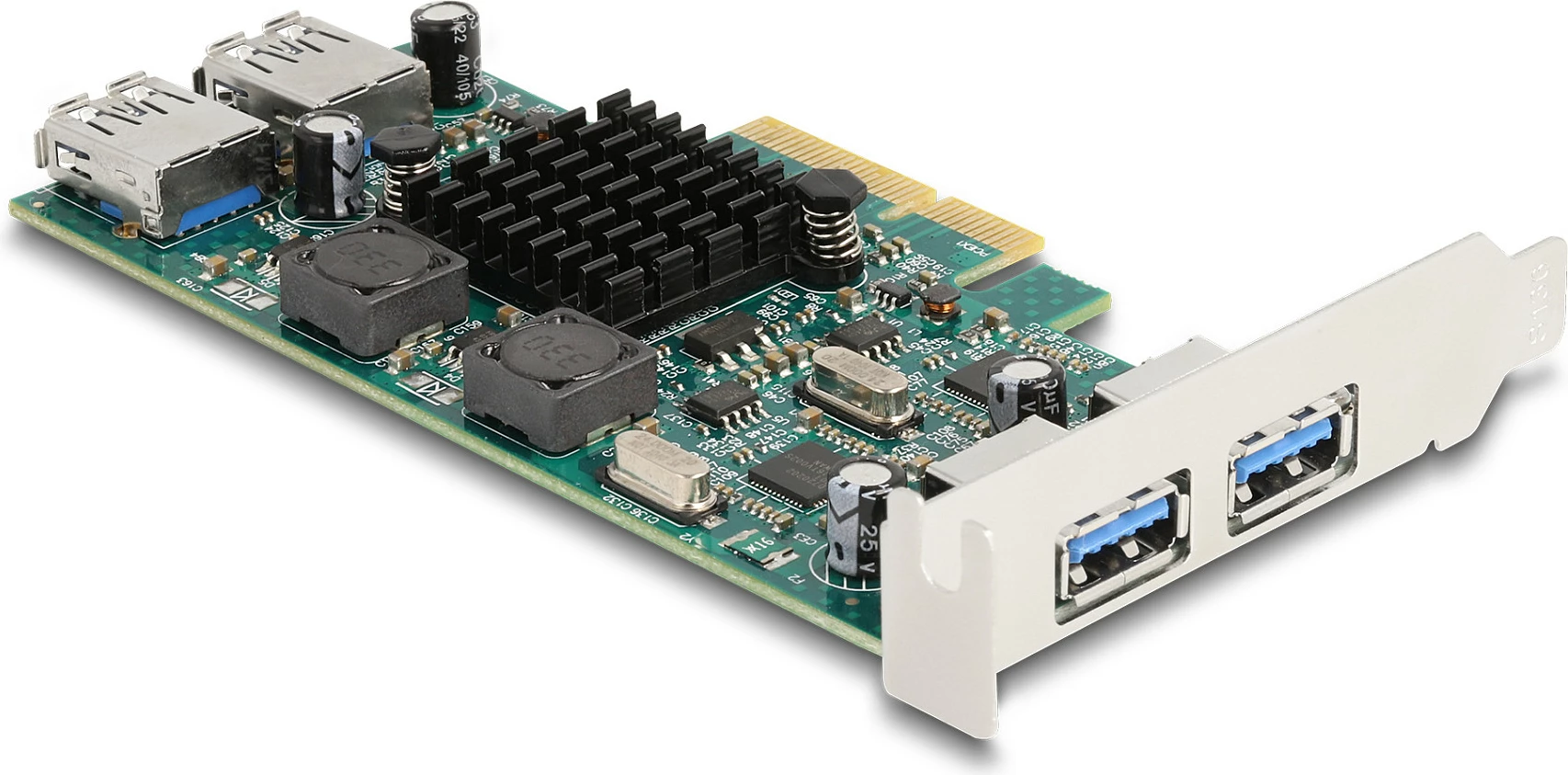 Kartë zgjerimi PCIe DeLOCK, 2x USB-A të jashtme + 2x USB-A të brendshme, USB 3.2 Gen 1 5Gbps, Dual Channel, full-height/low-profile, gjelbër/argjend
